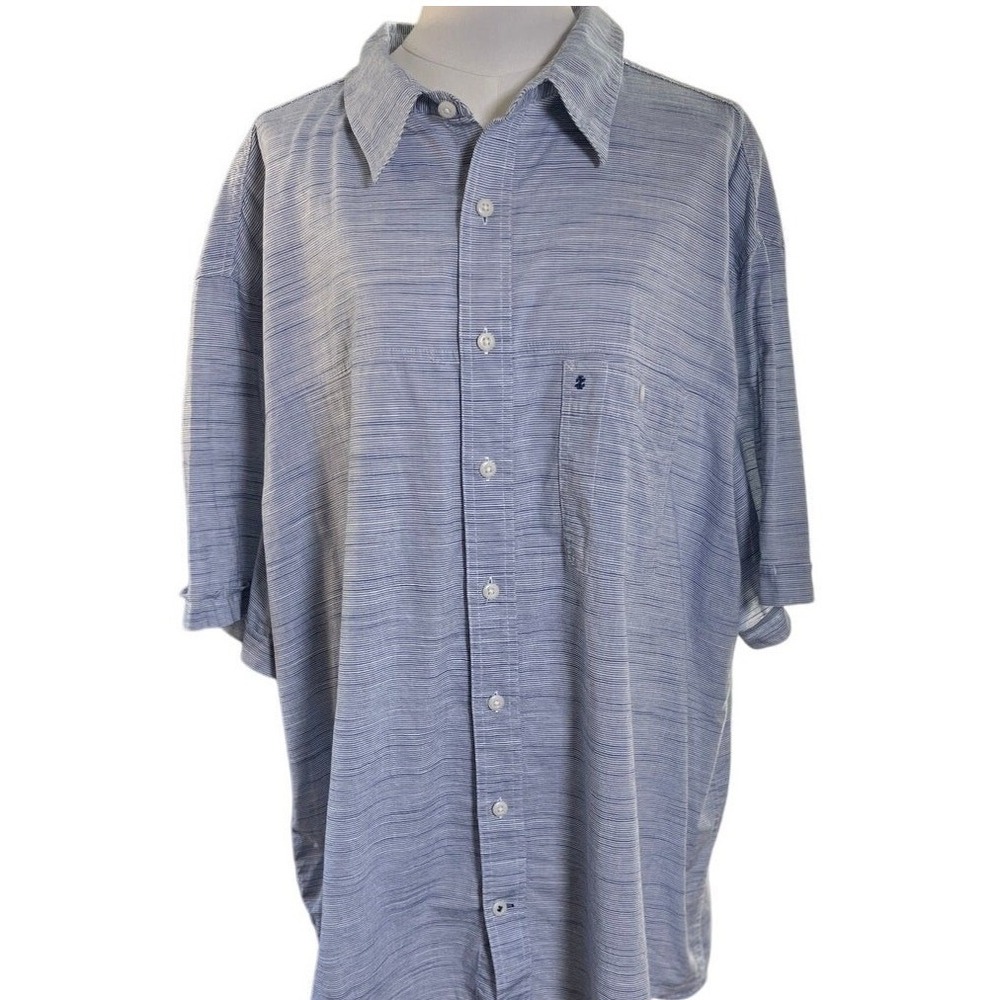Izod Saltwater Relaxed Fit Striped Button Front‎ Shirt Blue White Cotton 2XL